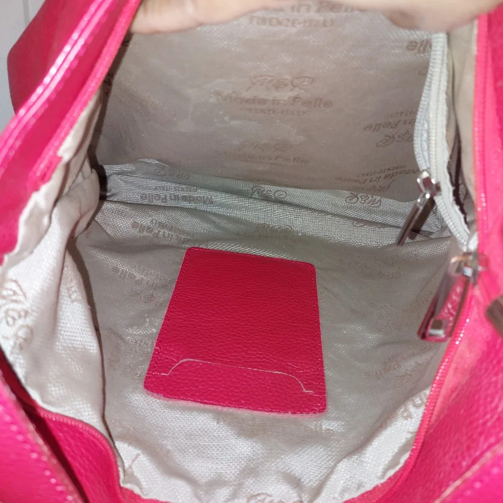 M&R Moda In Pelle Firenze Italy Red Peebled Genuine Leather Hobo Tote Bag - Picture 12 of 14